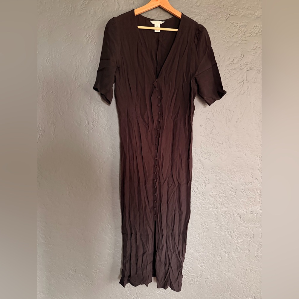 H&M Black Button‑Front Short Sleeve Midi Dress Medium